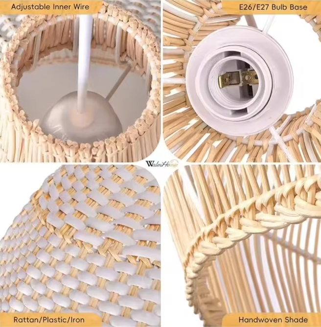 Premium woven cane bi-color onion lamp blending authentic rural handcraft with contemporary Scandinavian interior design lines.