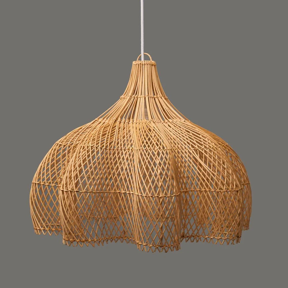 Premium woven cane sun hat chandelier blending traditional Asian basketry with contemporary Scandinavian geometric aesthetics.