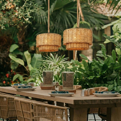 Eco-friendly tiered ceiling lamp designed to bring natural elegance to an outdoor porch or deck area.