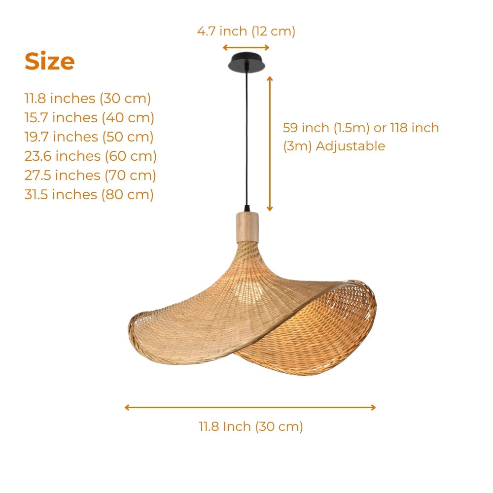 Eco-friendly wicker chandelier with a wide, flowing silhouette that adds dramatic natural textures to plain walls