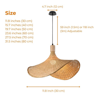 Eco-friendly wicker chandelier with a wide, flowing silhouette that adds dramatic natural textures to plain walls