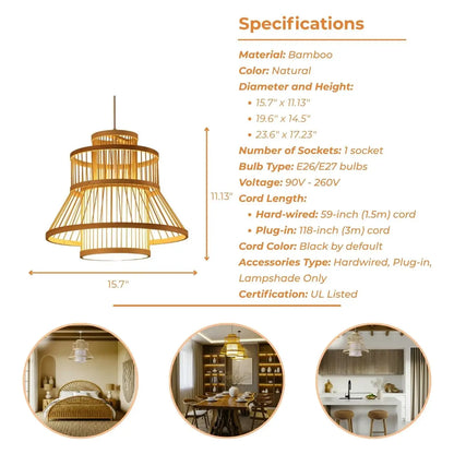 Eco-friendly woven bamboo pendant lamp showing intricate wooden craftsmanship