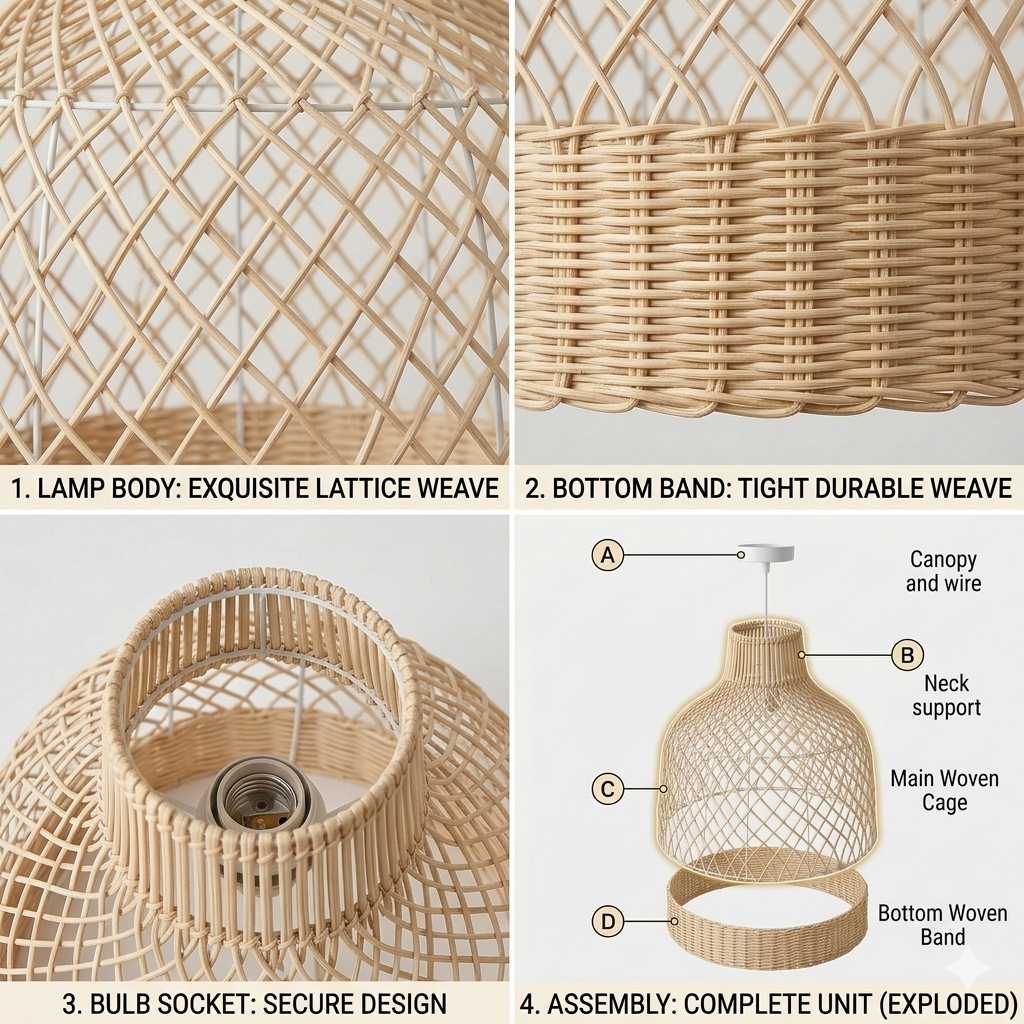 Eco-friendly woven seagrass dome pendant lamp featuring intricate organic material construction.