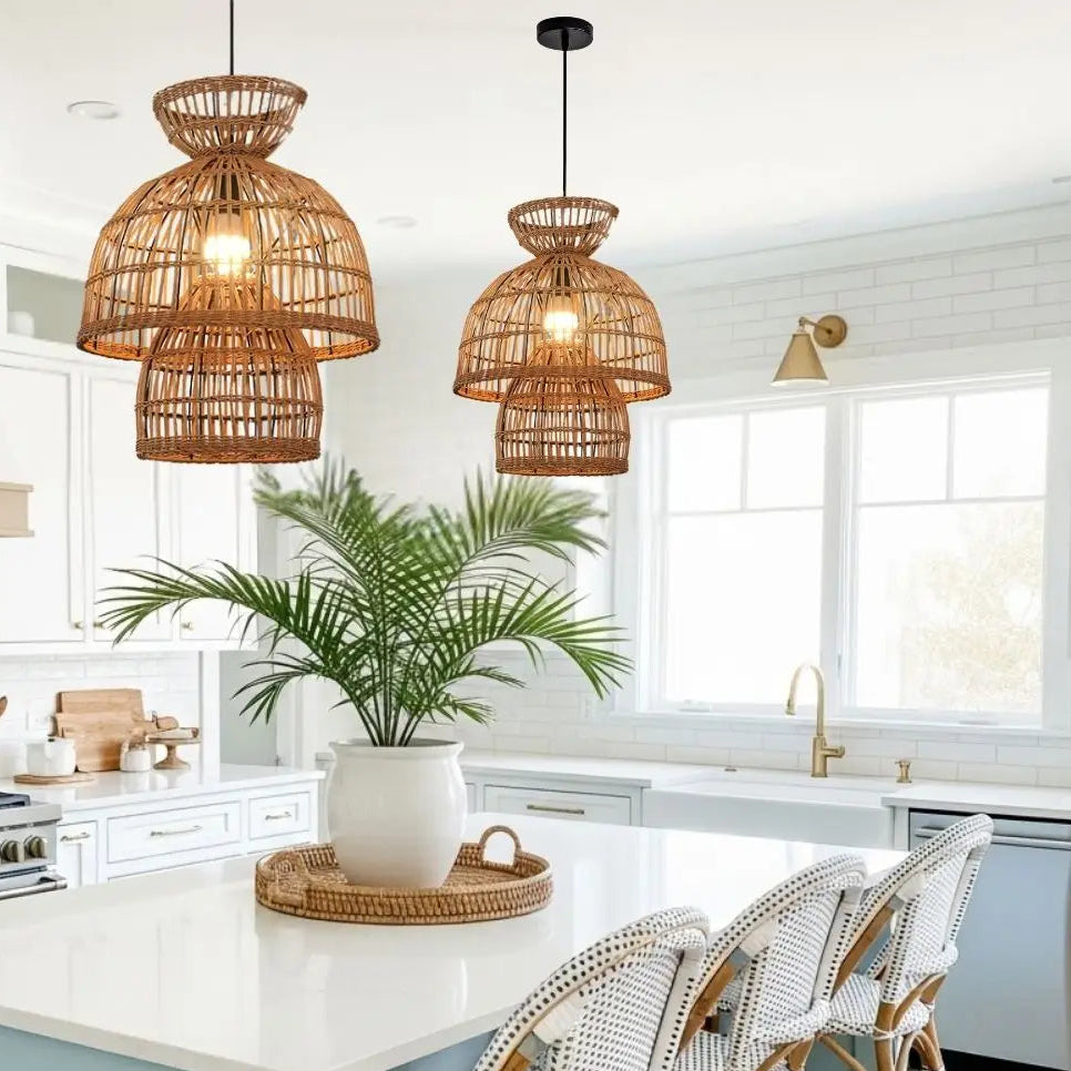Eco-friendly woven cane hanging lamp showcasing sustainable natural materials