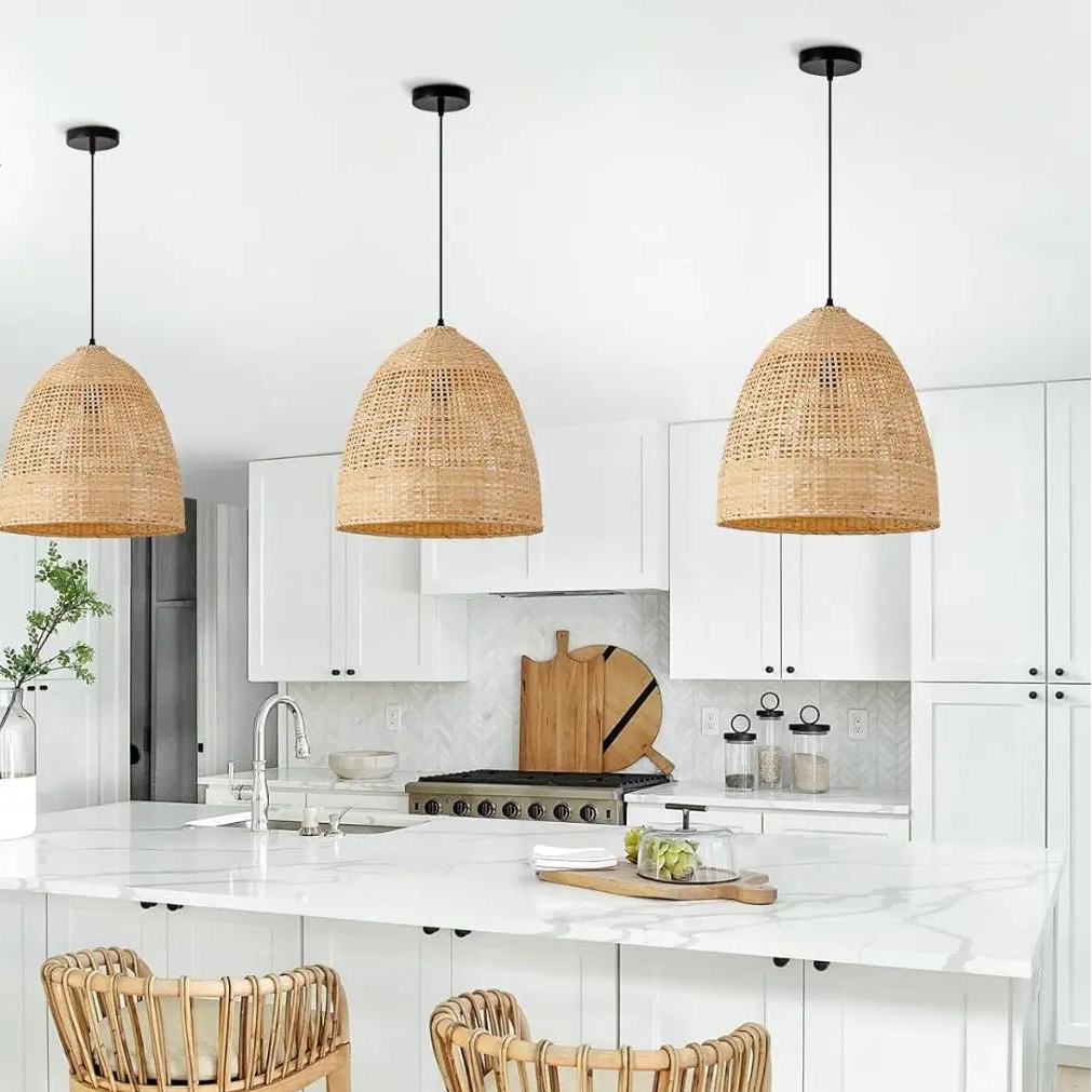 Elegant bamboo pendant light adding a unique, earthy aesthetic to a high-end dining venue.