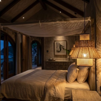 Elegant rattan mesh bedroom ceiling lamp adding warmth to master suites