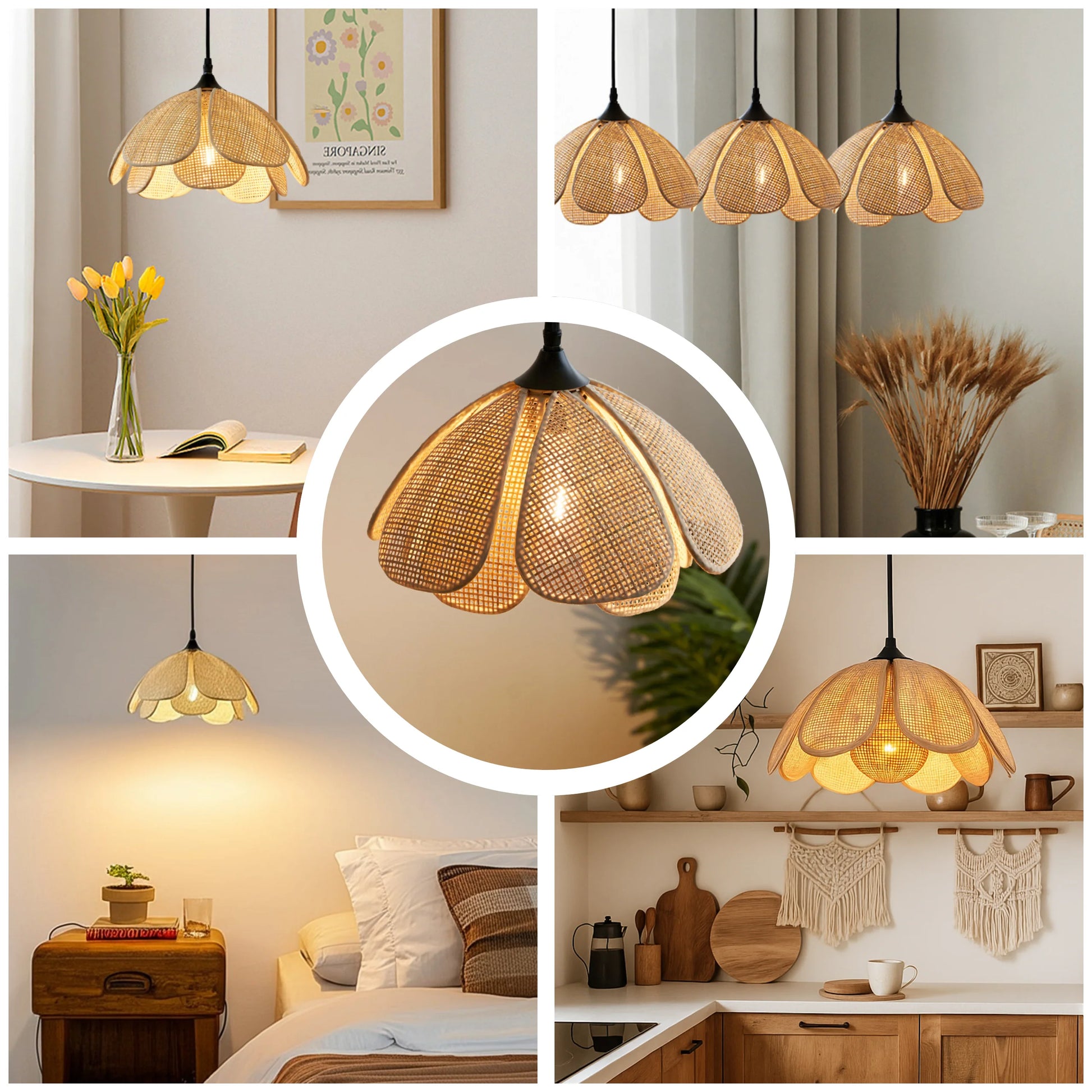 Elegant rattan petal chandelier creating soft light in dining area