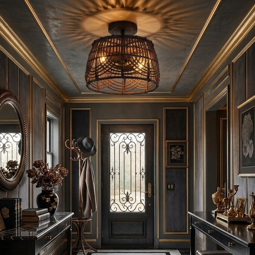 An elegant woven rattan flush mount ceiling light installed in a bright entryway, creating a warm and welcoming first impression for guests.