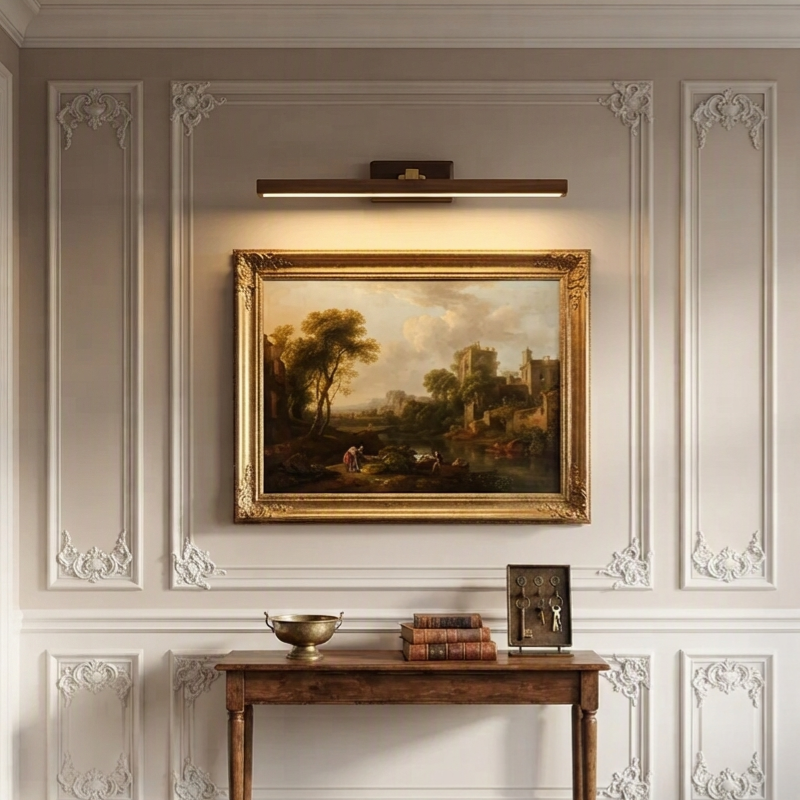 A framed classical landscape painting with a gold frame hangs on a decorative paneled wall above a wooden console table. A modern wall-mounted light fixture is positioned above the frame, casting warm light onto the wall.
