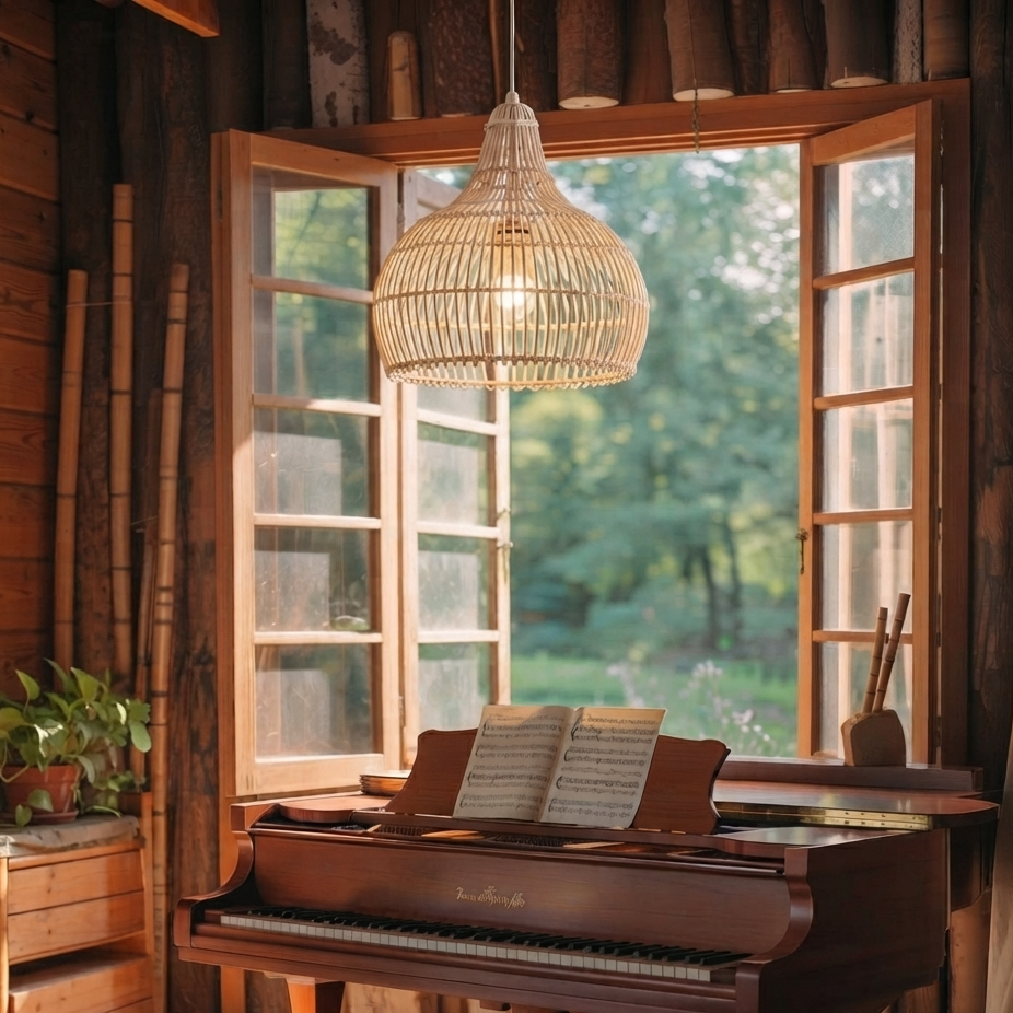 Farmhouse inspired bamboo ceiling lamp with a classic open-weave dome shape.