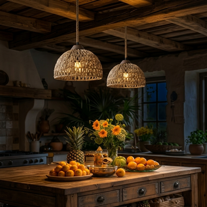 seagrass light hanging over a kitchen island, perfect for a rustic-modern culinary workspace.