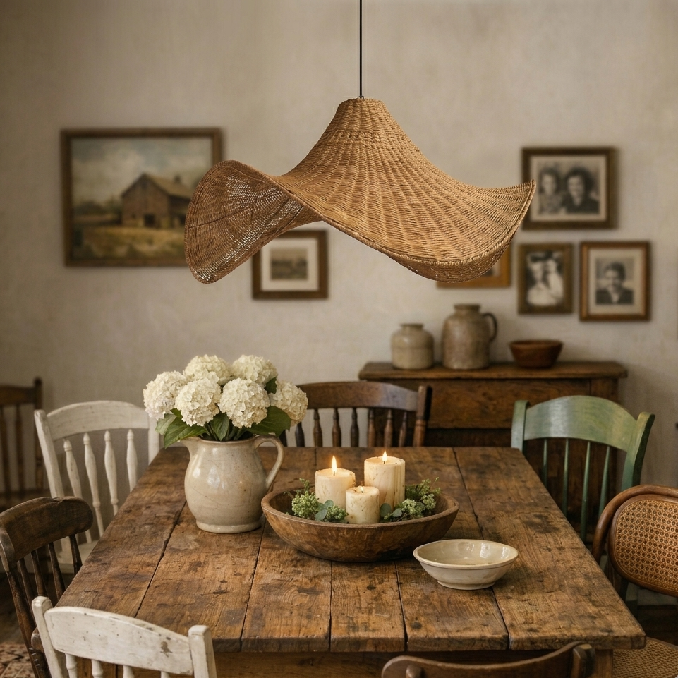 Farmhouse style woven kitchen hanging light, adding rustic texture to a contemporary cooking and dining space.
