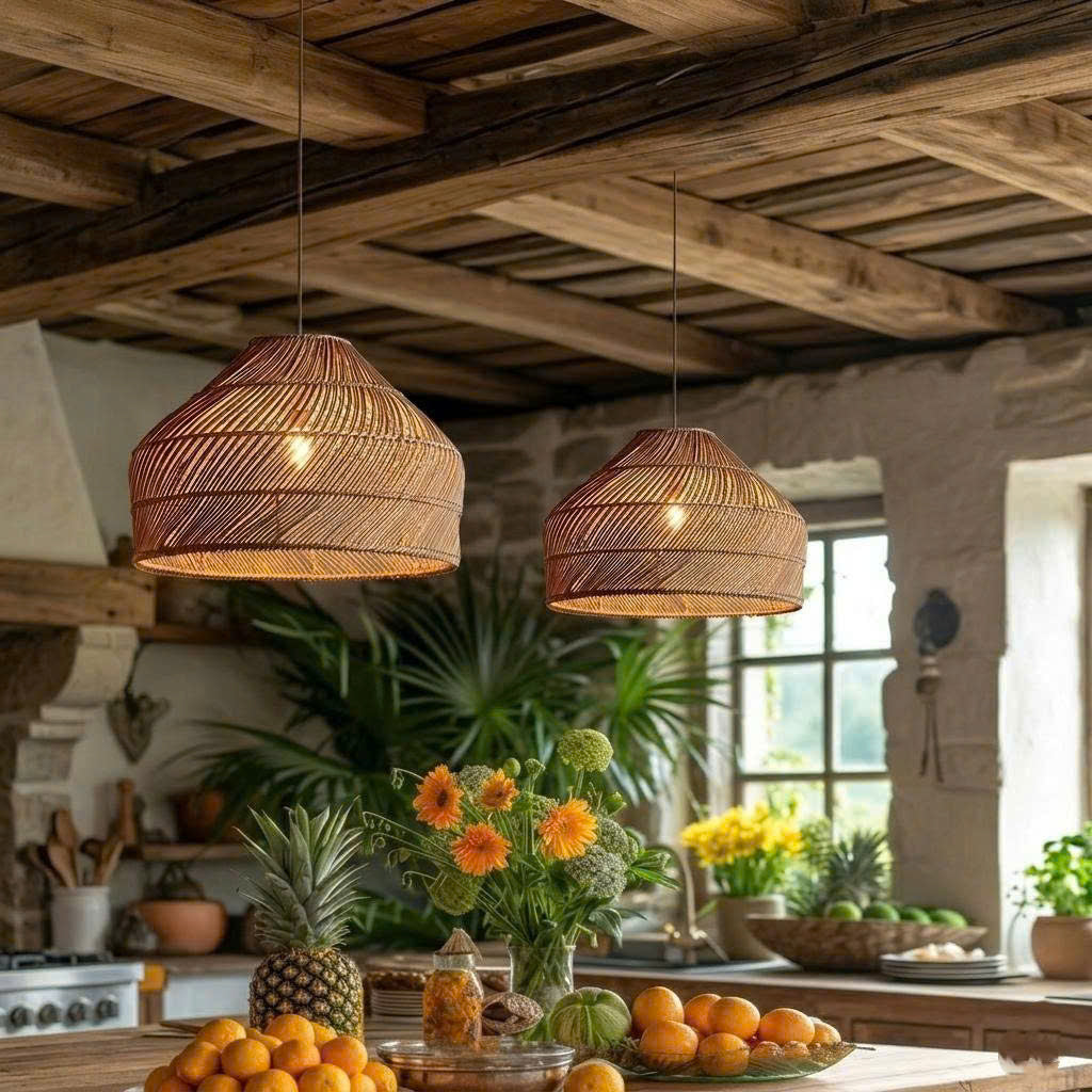 Textured rattan light hanging over a kitchen island, perfect for a rustic-modern culinary workspace.
