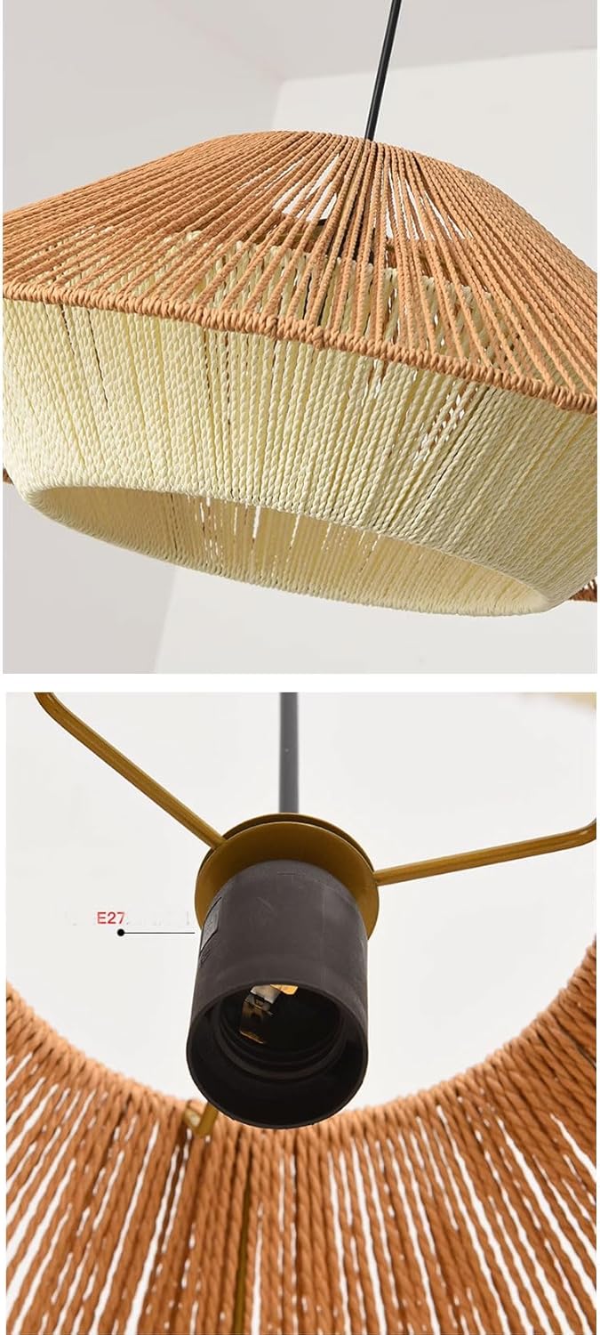 Side-by-side display of a sustainable dual-tone floating shade showing the beautiful contrast of natural organic fibers when lit.