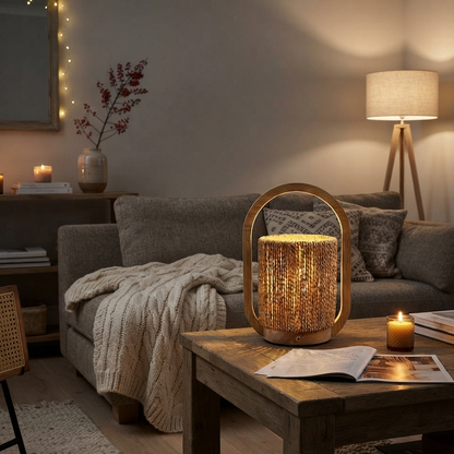 A modern cylindrical table lamp with a woven gold-toned shade and a curved gold metal frame, glowing warmly on a wooden coffee table in a cozy living room setting.