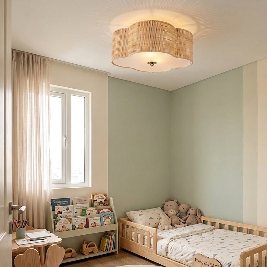A gentle and safe flush mount light featuring natural rattan scallop design, creating a warm and inviting atmosphere for a cozy kid room.
