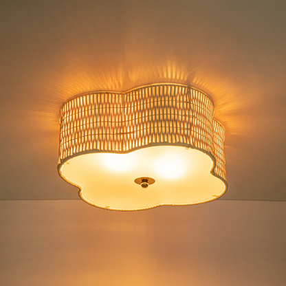 Wabi-sabi handmade rattan flush mount light, welcoming guests in an artistic entryway.