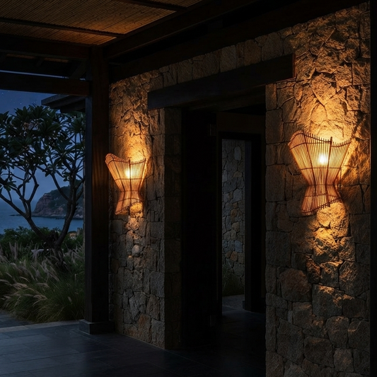 Sculptural quiet luxury rattan hanging lamp for a cozy, upscale interior.