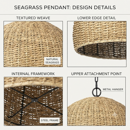 Handwoven Seagrass Teardrop Pendant Light - Boho Hanging Lamp