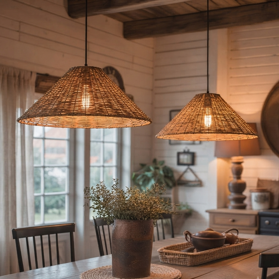 Set 3 Conical Rattan Pendant Lights | Japandi Woven Sun Hat Lamp