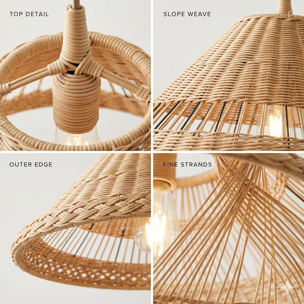 Sustainable artisan-made wicker ceiling fixture in warm earth tones for a grounded, organic feel.