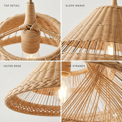 Sustainable artisan-made wicker ceiling fixture in warm earth tones for a grounded, organic feel.
