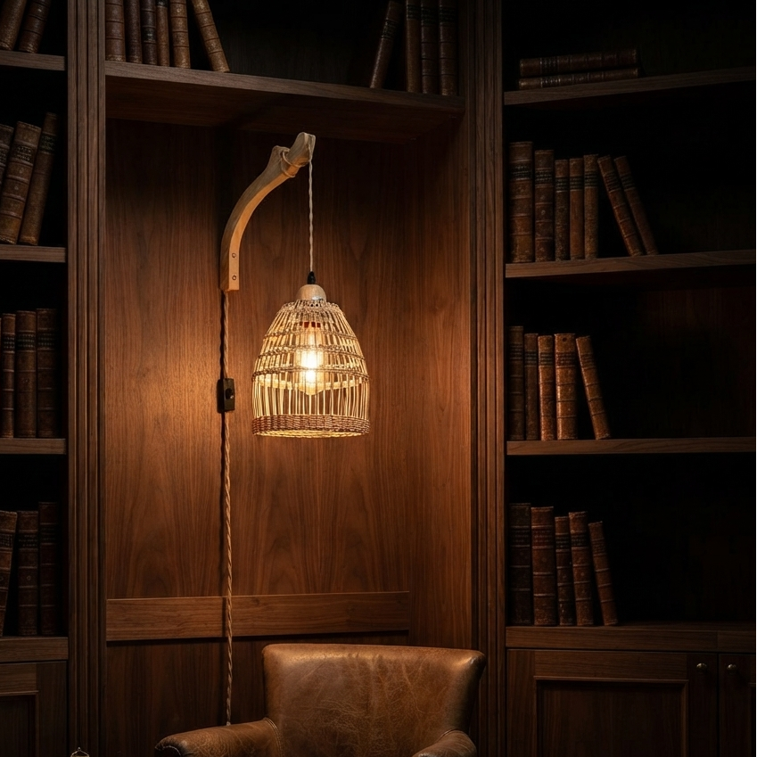 A warm, glowing pendant lamp with a woven rattan shade hangs in a dark wood library nook beside a brown leather armchair and bookshelves.