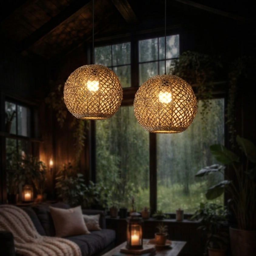 Minimalist design woven net globe hanging light for living room