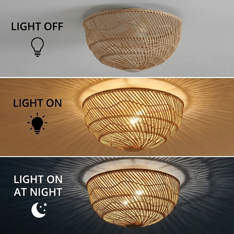 Modern farmhouse rattan fixture, bringing authentic, rustic, and warm country charm to ceilings.