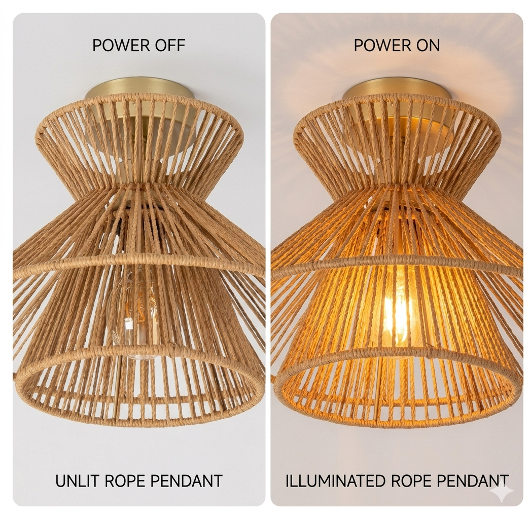 Organic hemp semi-flush mount, an earth-friendly handmade lamp for a natural, airy home aesthetic.