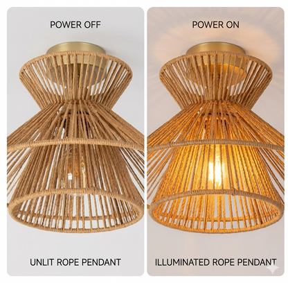Organic hemp semi-flush mount, an earth-friendly handmade lamp for a natural, airy home aesthetic.