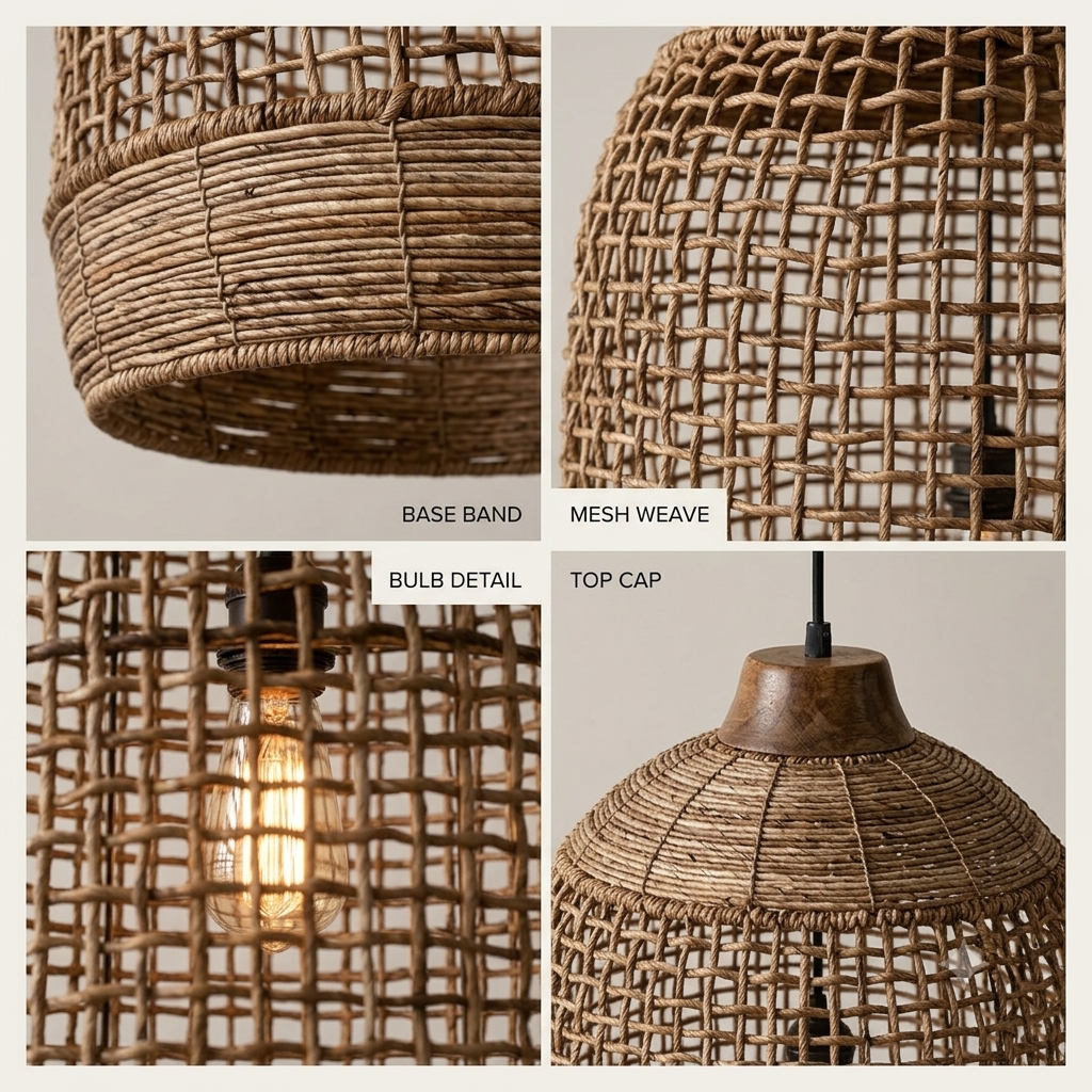 Open-Weave Cylindrical Pendant – Handwoven Organic Rattan Shade