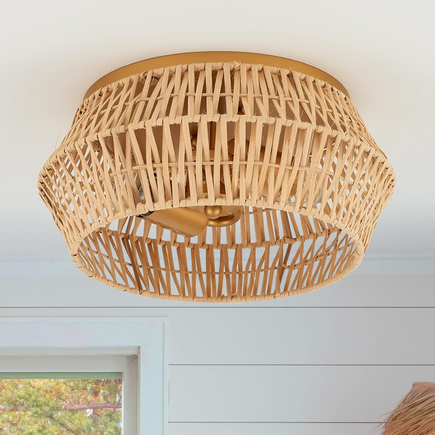 Global artisan-inspired rattan ceiling lamp, adding a touch of ethnic warmth to modern interior spaces.
