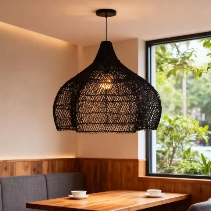 Earthy warm tone natural fiber hanging light filtering comfortable lighting to create a peaceful, meditative environment.