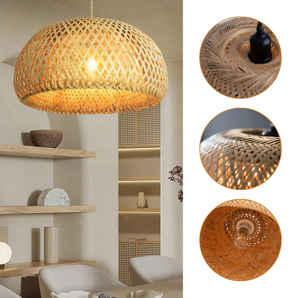 Hand-crafted natural bamboo weave pendant lamp with intricate texture