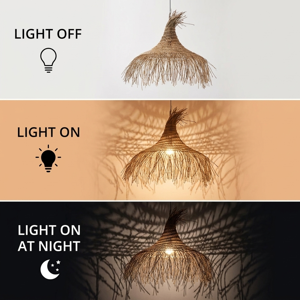 Hand-crafted textural rattan fringe lamp, creating a calming, natural, and sustainable wellness environment.
