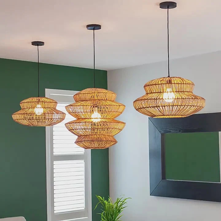 Hand-crafted tiered rattan dome light for aesthetic cafe or bistro decor