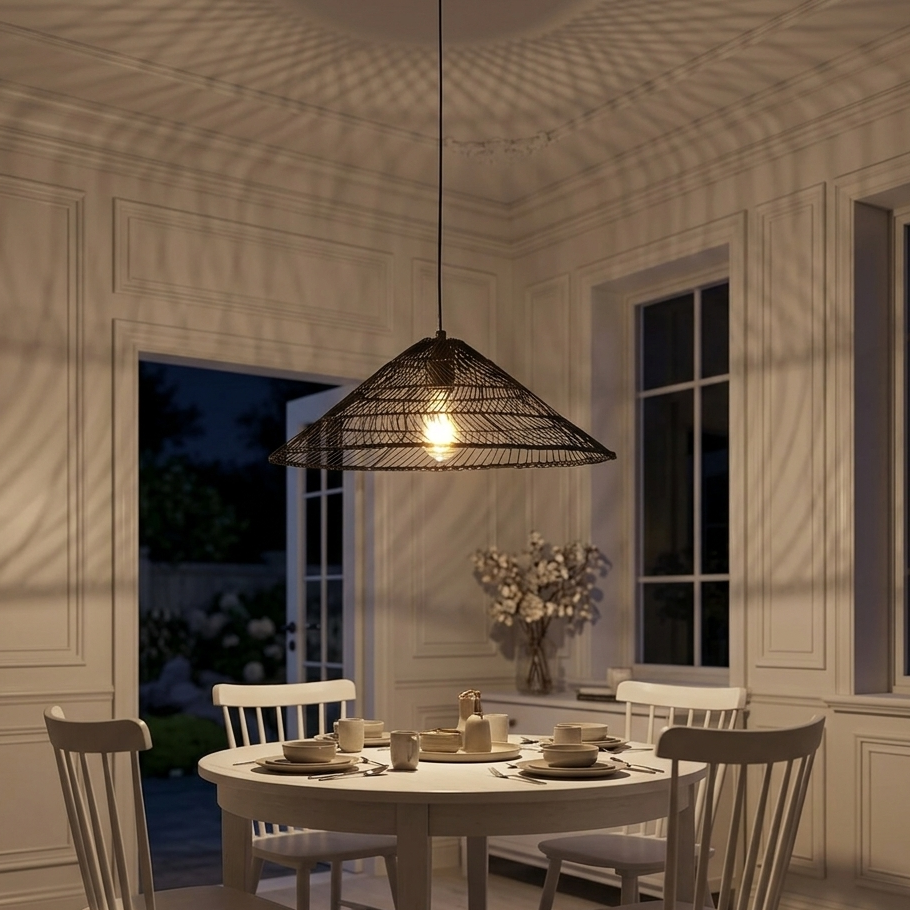 Hand-crafted woven flat cone pendant for kitchen island
