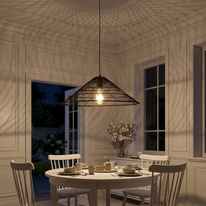 Hand-crafted woven flat cone pendant for kitchen island