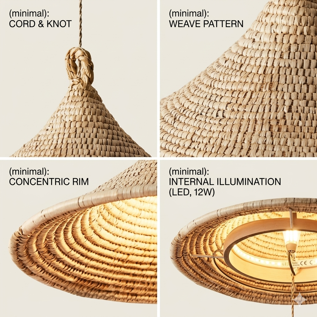 Hand-knotted jute textural cone lamp, creating a calming, natural, and sustainable wellness environment.