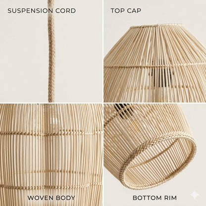 Hand-knotted rattan mesh bell lamp, designed to create a calming, natural, and sustainable home environment.
