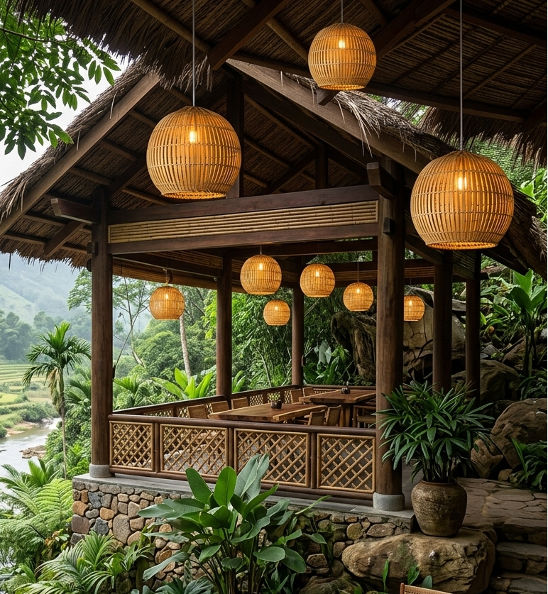 Hand-made bamboo pendant light perfect for relaxing resort or spa villa decor