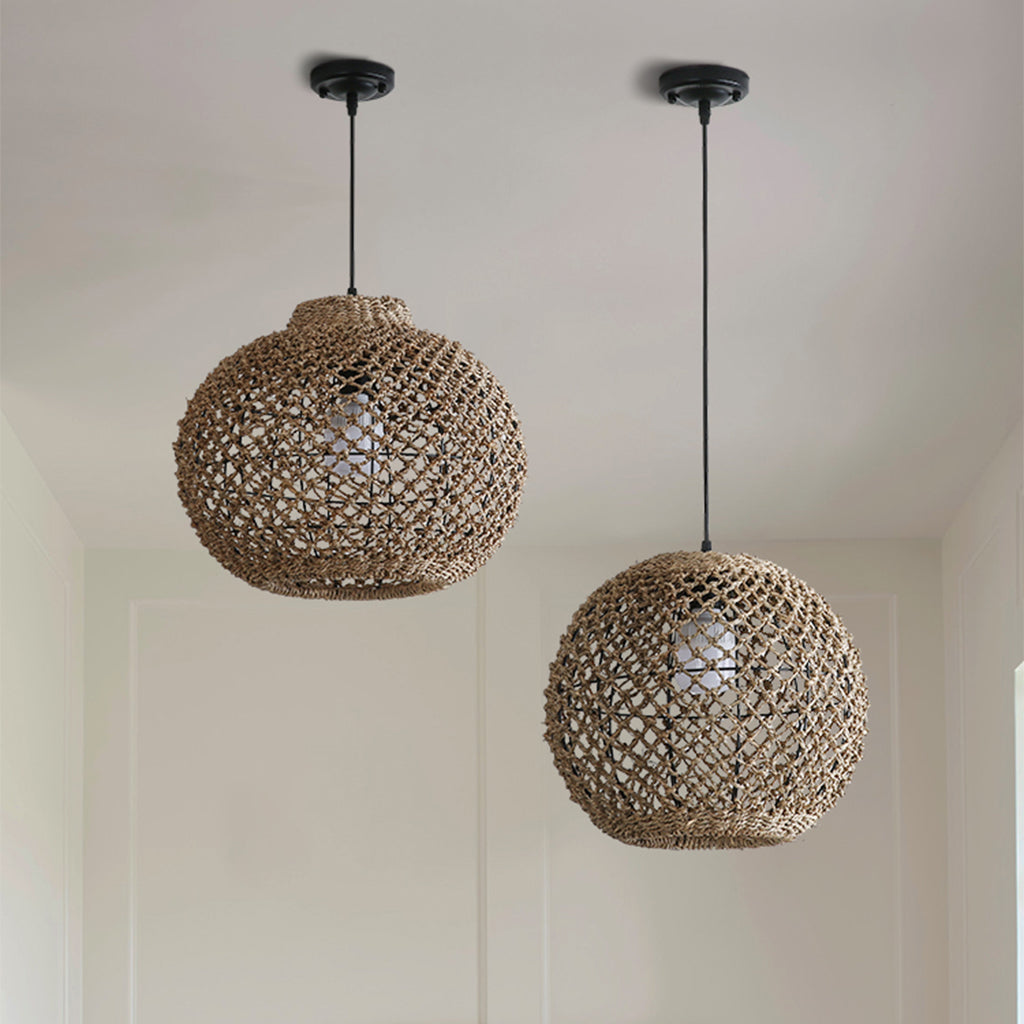Hand-made organic fiber pendant light with a warm, rustic aesthetic