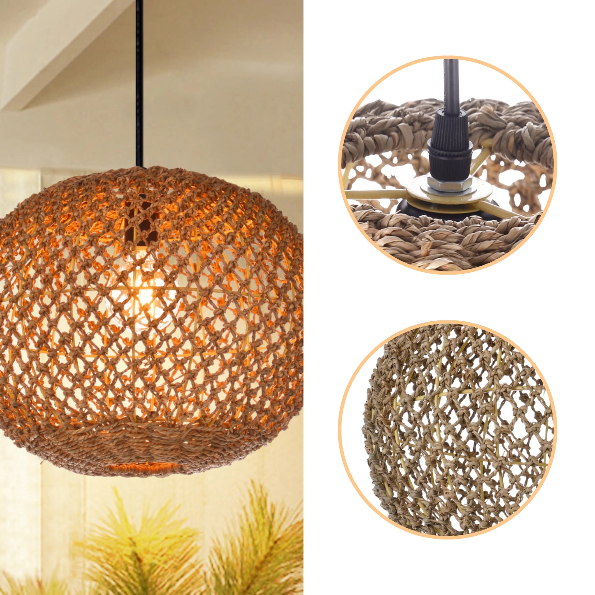 Hand-made organic fiber pendant light set for a sophisticated and earthy interior design