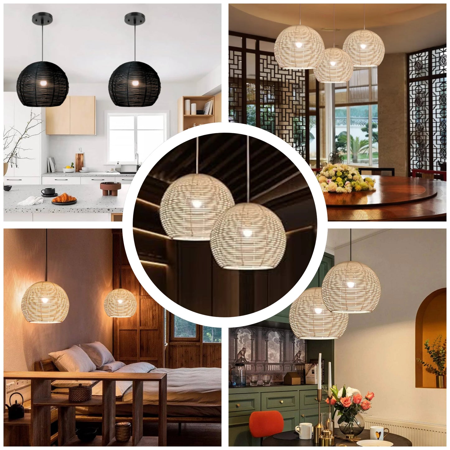 Hand-made sustainable rattan ceiling light featuring a classic globe shape