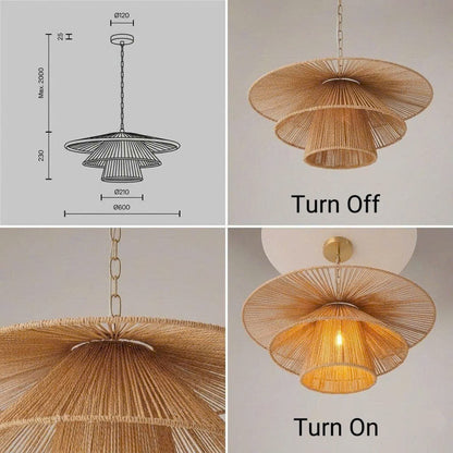 Sophisticated hand-woven hemp ceiling light enhancing the atmosphere of a modern dining room area.