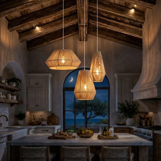 Sophisticated hand-woven jute ceiling lights enhancing the atmosphere of a dining room area.
