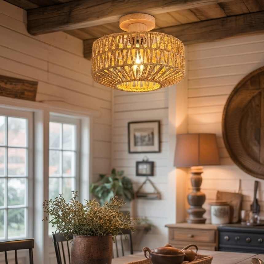 Sophisticated hand-woven jute light enhancing the warmth and comfort of a modern dining room.