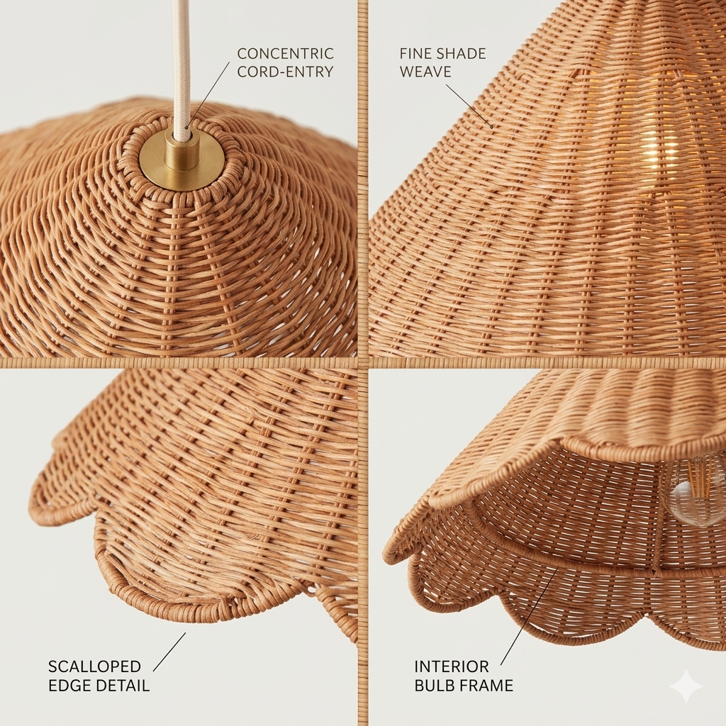 A view of the hand-woven organic rattan scalloped pendant light