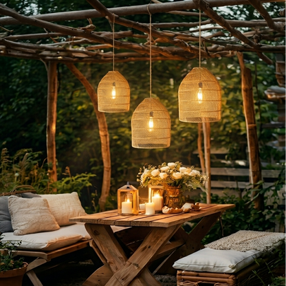 Sophisticated hand-woven rattan light enhancing the warmth and comfort of a modern Restaurant and dining room.